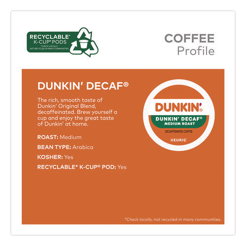 Image of Dunkin'® K-Cups, Dunkin' Decaf, 0.37 oz, 22/Box, 4 Boxes/Carton
