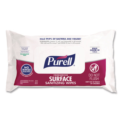 Image of PURELL® Foodservice Surface Sanitizing Wipes, 1-Ply, 7.4 x 9, Fragrance Free, White, 72 Wipes/Resealable Pack