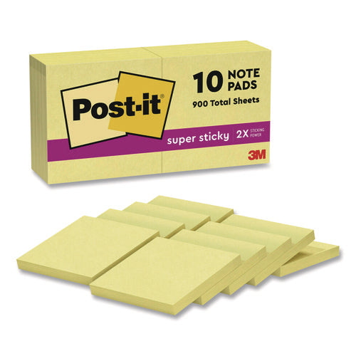 Image of Post-it® Notes Super Sticky Super Sticky Pads in Canary Yellow, 3 x 3, 90 Sheets/Pad, 10 Pads/Pack
