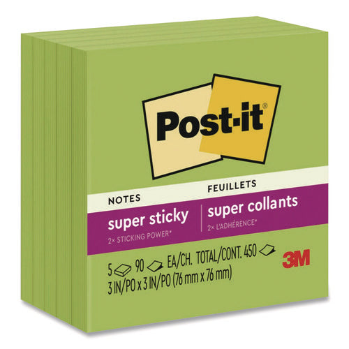 Image of Post-it® Notes Super Sticky Super Sticky Pads in Energy Boost Collection Colors, 3 x 3, Limeade, 90 Sheets/Pad, 5 Pads/Pack