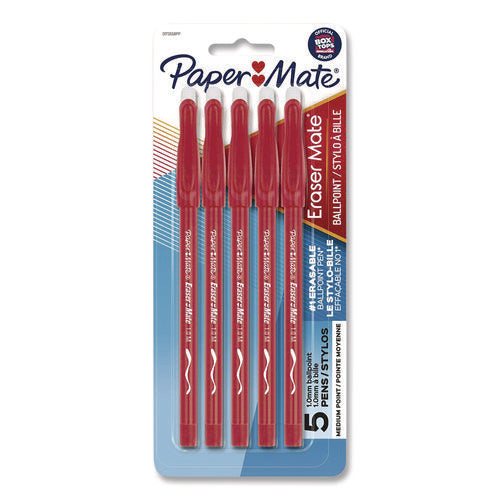 Image of Paper Mate® Eraser Mate Ballpoint Pen, Stick, Medium 1 mm, Red Ink, Red Barrel, 5/Pack