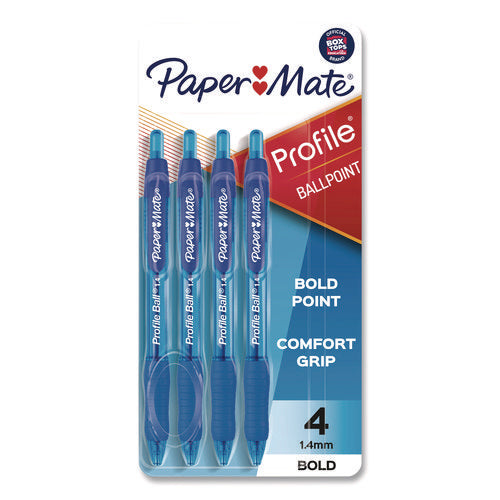 Image of Paper Mate® Profile Ballpoint Pen, Retractable, Bold 1.4 mm, Blue Ink, Translucent Blue Barrel, 4/Pack