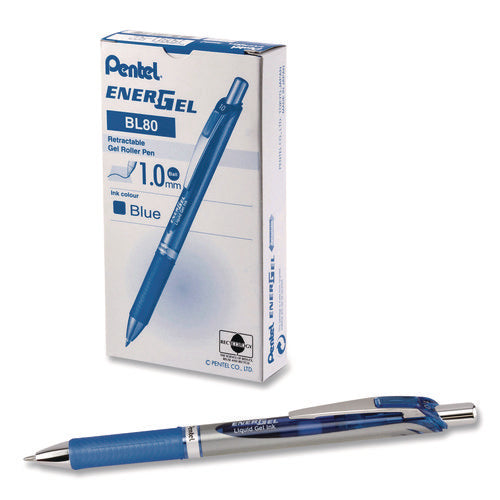 Image of Pentel® EnerGel RTX Gel Pen, Retractable, Bold 1 mm, Blue Ink, Blue/Gray Barrel, Dozen