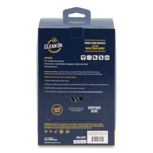 Image of Digital Innovations ScreenDr Multipurpose Tech Cleaning Wipes, 7 x 4, Unscented, White, 200/Pack