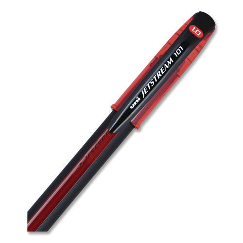 Image of uniball® Jetstream 101 Hybrid Gel Pen, Stick, Bold 1 mm, Red Ink, Black/Red Barrel, Dozen