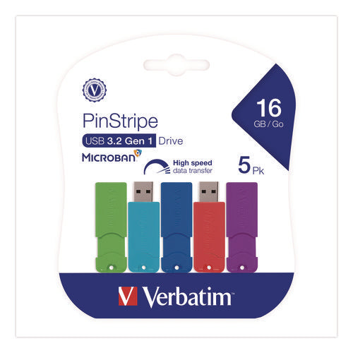 Image of Verbatim® PinStripe USB 3.0 Flash Drive, 16 GB, Assorted Colors, 5/Pack