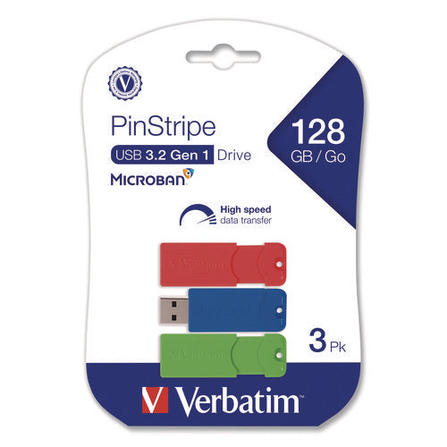 Image of Verbatim® PinStripe USB 3.0 Flash Drive, 128 GB, Blue/Green/Red, 3/Pack