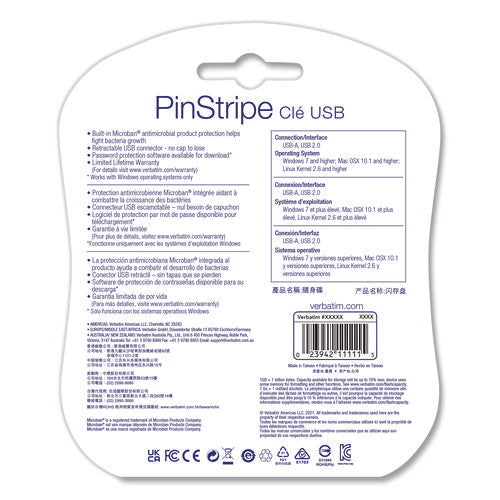 Image of Verbatim® PinStripe USB 2.0 Flash Drive, 128 GB, Blue/Red, 2/Pack