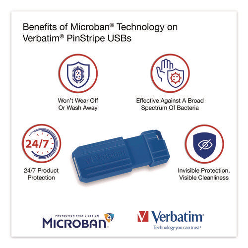 Image of Verbatim® PinStripe USB 2.0 Flash Drive, 128 GB, Blue/Red, 2/Pack