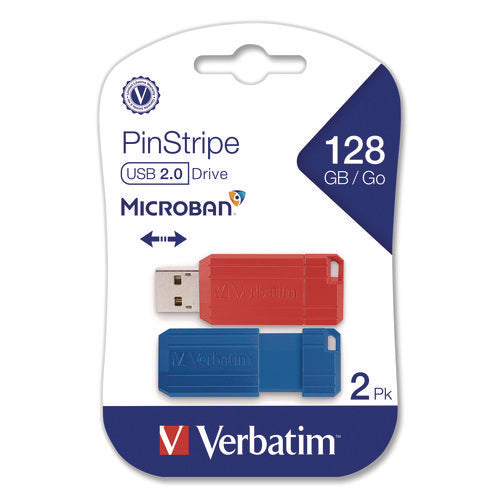 Image of Verbatim® PinStripe USB 2.0 Flash Drive, 128 GB, Blue/Red, 2/Pack