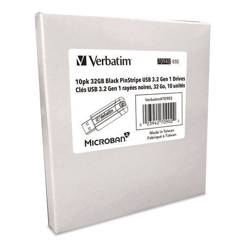 Image of Verbatim® Pinstripe USB 3.2 Flash Drive, 32 GB, Black 10/Pack