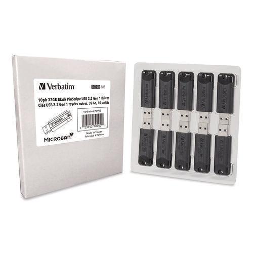 Image of Verbatim® Pinstripe USB 3.2 Flash Drive, 32 GB, Black 10/Pack