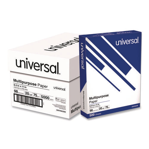 Image of Universal® Deluxe Multipurpose Paper, 98 Bright, 20 lb Bond Weight, 8.5 x 11, Bright White, 500 Sheets/Ream, 10 Reams/Carton