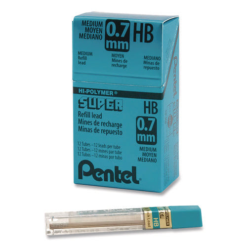 Image of Pentel® Super Hi-Polymer Lead Refills, 0.7 mm, HB, Black, 12 Leads/Tube, 12 Tubes/Box