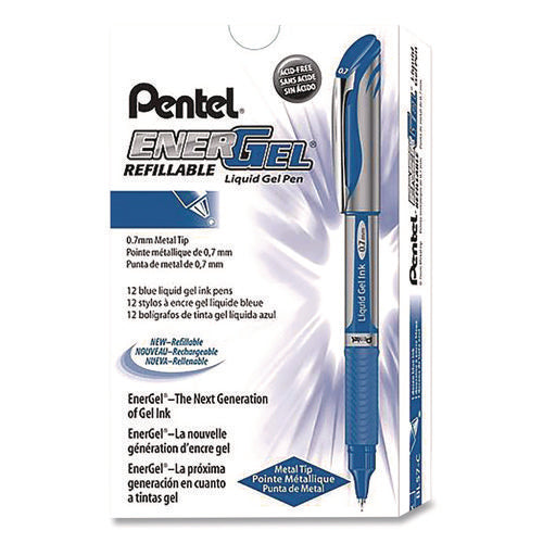 Image of Pentel® EnerGel Deluxe Gel Pen, Stick, Medium 0.7 mm, Blue Ink, Silver/Blue Barrel, Dozen