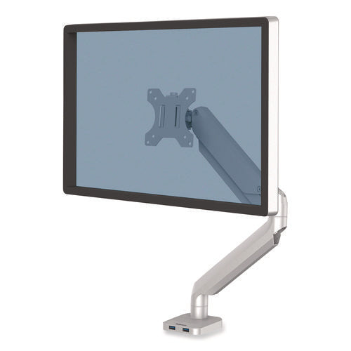 Image of Fellowes® Platinum Series Single Monitor Arm, For 27" Monitors, 360 Deg Rotation, 45 Deg Tilt, 180 Deg Pan, Silver, Supports 20 Lb