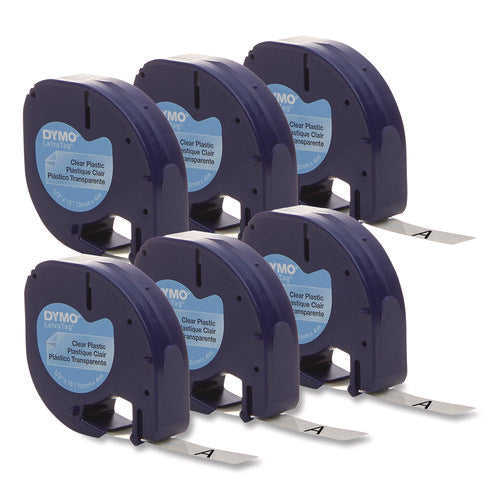 Image of DYMO® LetraTag Plastic Label Tape Cassette, 0.5" x 13 ft, Black on Clear, 6/Pack