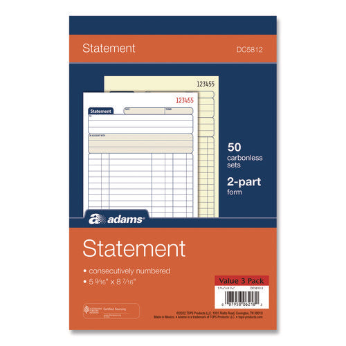 Image of Adams® Multipart Statement Pad, Two-Part Carbonless, 5.56 x 7.94, 50 Sets/Pad, 3 Pads/PK
