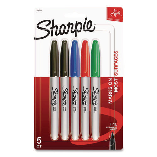 Image of Sharpie® Fine Tip Permanent Marker, Fine Bullet Tip, Assorted Ink Colors, 5/Pack