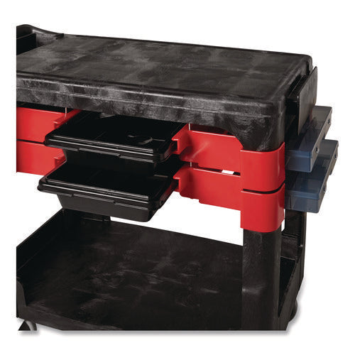 Image of Rubbermaid® Commercial Two-Shelf Trades Cart, Plastic, 2 Shelves, 2 Drawers, 330 lb Capacity, 19.25" x 38" x 33.38", Black