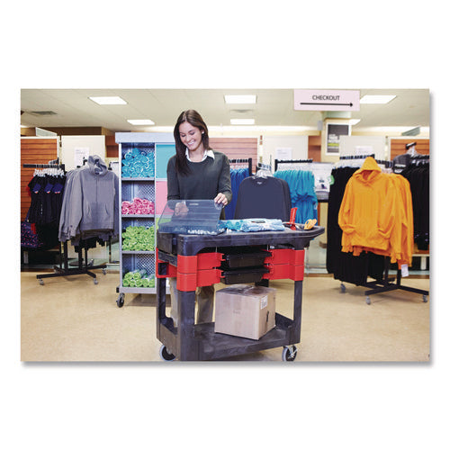 Image of Rubbermaid® Commercial Two-Shelf Trades Cart, Plastic, 2 Shelves, 2 Drawers, 330 lb Capacity, 19.25" x 38" x 33.38", Black