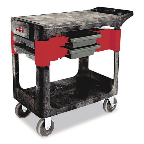 Image of Rubbermaid® Commercial Two-Shelf Trades Cart, Plastic, 2 Shelves, 2 Drawers, 330 lb Capacity, 19.25" x 38" x 33.38", Black