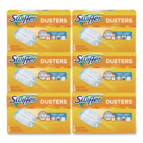 Image of Swiffer® Dusters Starter Kit, Dust Lock Fiber, 6" Handle, Blue/yellow, 6/carton