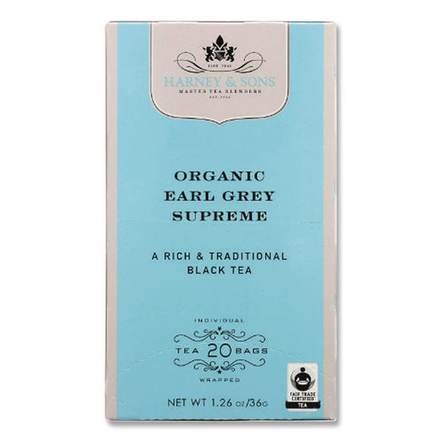 Image of Harney & Sons Premium Tea, Organic Earl Grey Supreme Black Tea, Individually Wrapped Tea Bags, 20/box