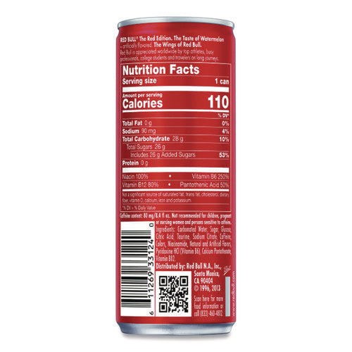 Image of Red Bull® The Red Edition Energy Drink, Watermelon, 8.4 oz Can, 24/Carton