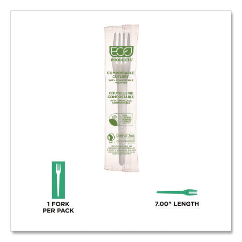 Image of Eco-Products® Plantware CPLA Cutlery, Individually Wrapped, Fork, White, 1,000/Carton