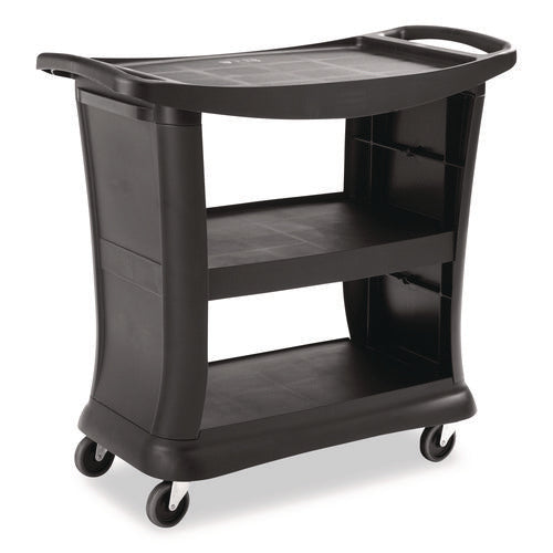 Image of Rubbermaid® Commercial Executive Service Cart, Plastic, 3 Shelves, 300 lb Capacity, 20.33" x 38.9" x 38.9", Black