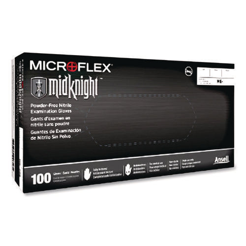 Image of Ansell Microflex Midknight Powder-Free Nitrile Gloves, 4.7 Mil Palm, 5.9 Mil Fingers, 2x-Large, Black, 100/box
