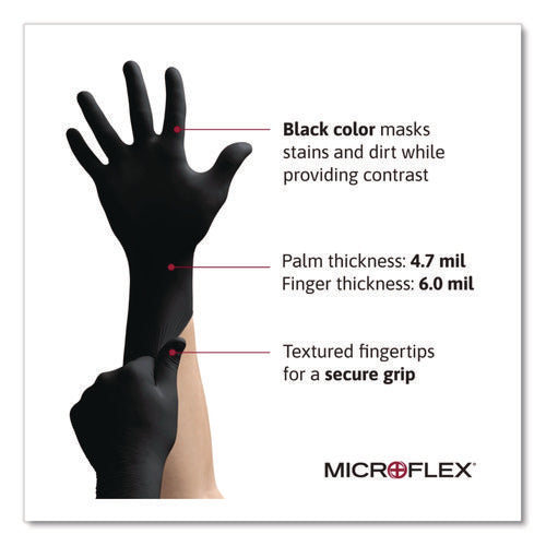 Image of Ansell Microflex Midknight Powder-Free Nitrile Gloves, 4.7 Mil Palm, 5.9 Mil Fingers, 2x-Large, Black, 100/box