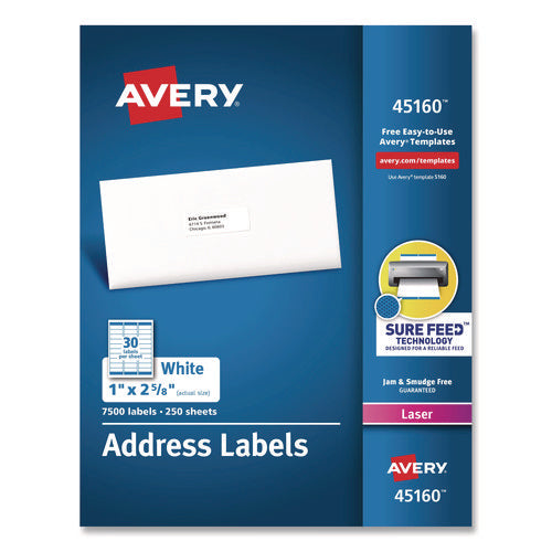Image of Avery® White Address Labels W/ Sure Feed Technology For Laser Printers, Laser Printers, 1 X 2.63, White, 30/sheet, 250 Sheets/box