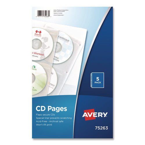 Image of Avery® Two-Sided CD Organizer Sheets for Three-Ring Binder, 4 Disc Capacity, Clear, 5/Pack
