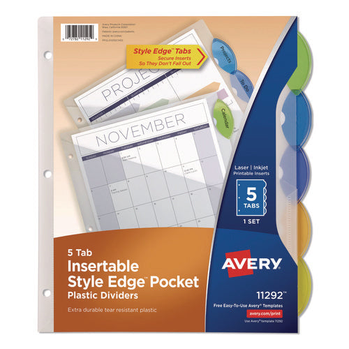 Image of Avery® Insertable Style Edge Tab Plastic 1-Pocket Dividers, 5-Tab, 11.25 x 9.25, Translucent, 1 Set