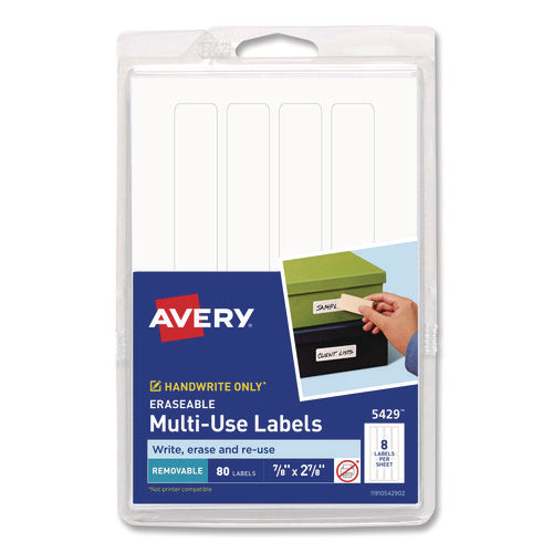 Image of Avery® Erasable Id Labels, Inkjet/laser Printers, 0.88 X 2.88, White, 8/sheet, 10 Sheets/pack