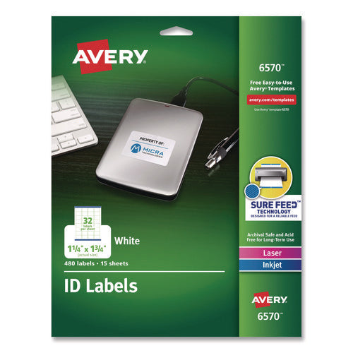 Image of Avery® Permanent Id Labels W/ Sure Feed Technology, Inkjet/laser Printers, 1.25 X 1.75, White, 32/sheet, 15 Sheets/pack