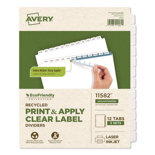 Image of Avery® Index Maker Ecofriendly Print And Apply Clear Label Dividers With White Tabs, 12-Tab, 11 X 8.5, White, 5 Sets