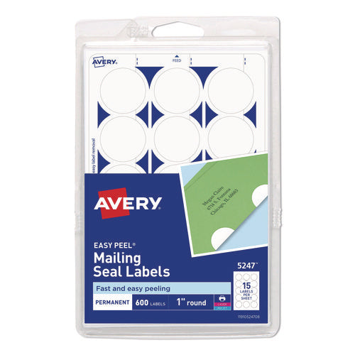 Image of Avery® Printable Mailing Seals, 1" dia, White, 15/Sheet, 40 Sheets/Pack, (5247)