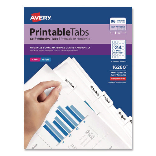 Image of Avery® Printable Plastic Tabs with Repositionable Adhesive, 1/5-Cut, White, 1.25" Wide, 96/Pack