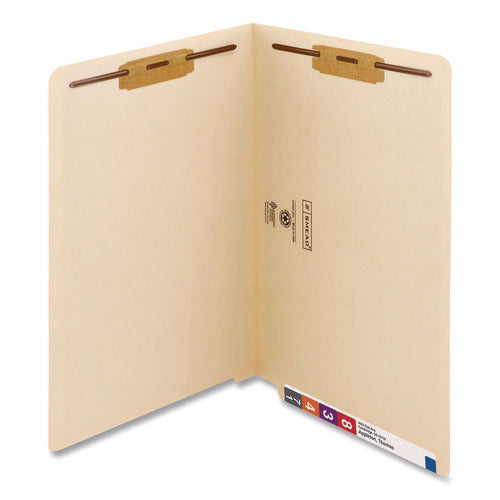 Image of Smead End Tab Fastener Folders with Reinforced Straight Tabs, 11-pt Manila, 2 Fasteners, Legal Size, Manila Exterior, 50/Box
