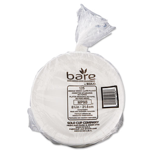 Image of SOLO® Bare Eco-Forward Clay-Coated Paper Dinnerware, ProPlanet Seal, Plate, 8.5" dia, White, 125/Pack, 4 Packs/Carton