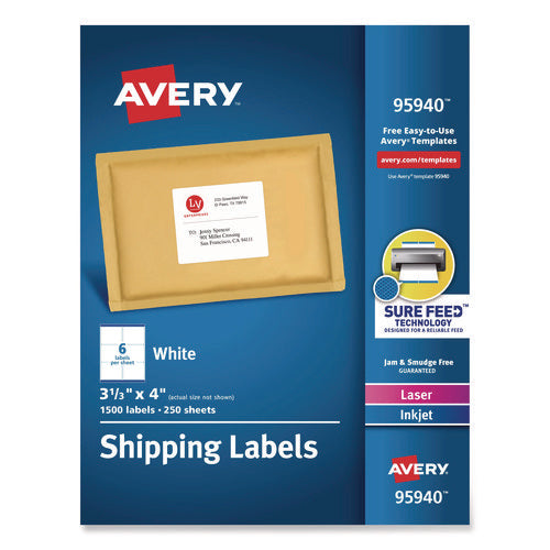 Image of Avery® White Shipping Labels-Bulk Packs, Inkjet/laser Printers, 3.33 X 4, White, 6/sheet, 250 Sheets/box