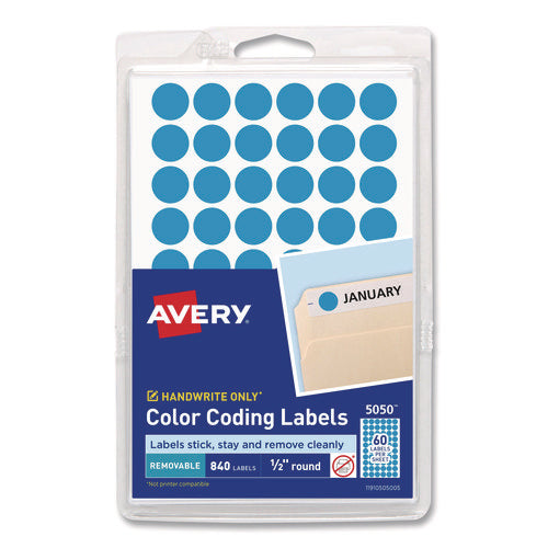 Image of Avery® Handwrite Only Self-Adhesive Removable Round Color-Coding Labels, 0.5" dia, Light Blue, 60/Sheet, 14 Sheets/Pack, (5050)