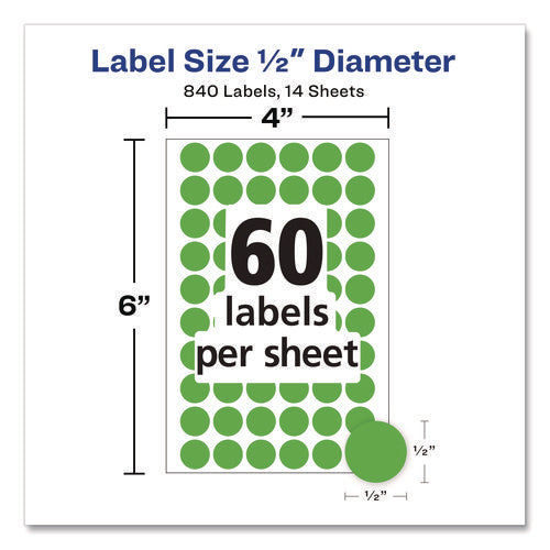 Image of Avery® Handwrite Only Self-Adhesive Removable Round Color-Coding Labels, 0.5" dia, Neon Green, 60/Sheet, 14 Sheets/Pack, (5052)