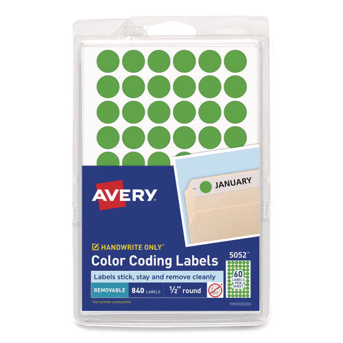 Image of Avery® Handwrite Only Self-Adhesive Removable Round Color-Coding Labels, 0.5" dia, Neon Green, 60/Sheet, 14 Sheets/Pack, (5052)