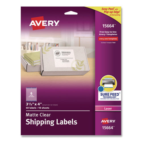 Image of Avery® Matte Clear Easy Peel Mailing Labels W/ Sure Feed Technology, Laser Printers, 3.33 X 4, Clear, 6/sheet, 10 Sheets/pack