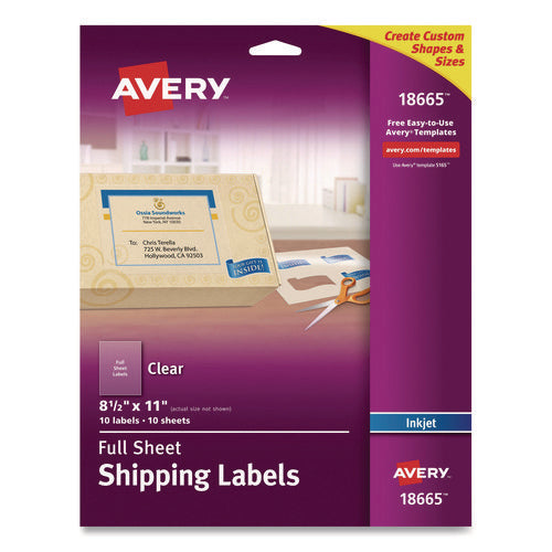 Image of Avery® Matte Clear Shipping Labels, Inkjet Printers, 8.5 X 11, Clear, 10/pack
