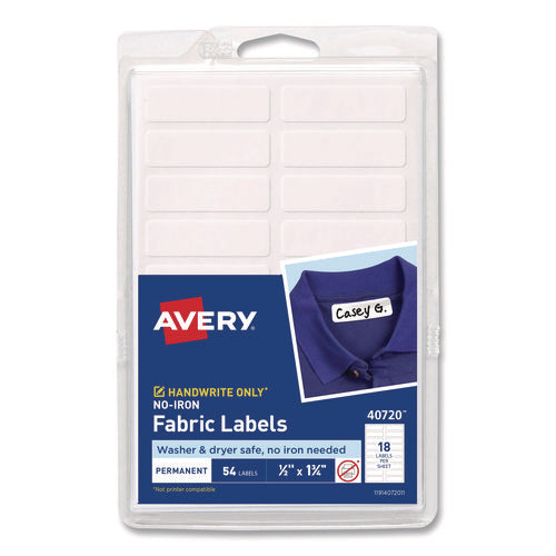 Image of Avery® No-Iron Fabric Labels, 0.5 x 1.75, White, 18/Sheet, 3 Sheets/Pack